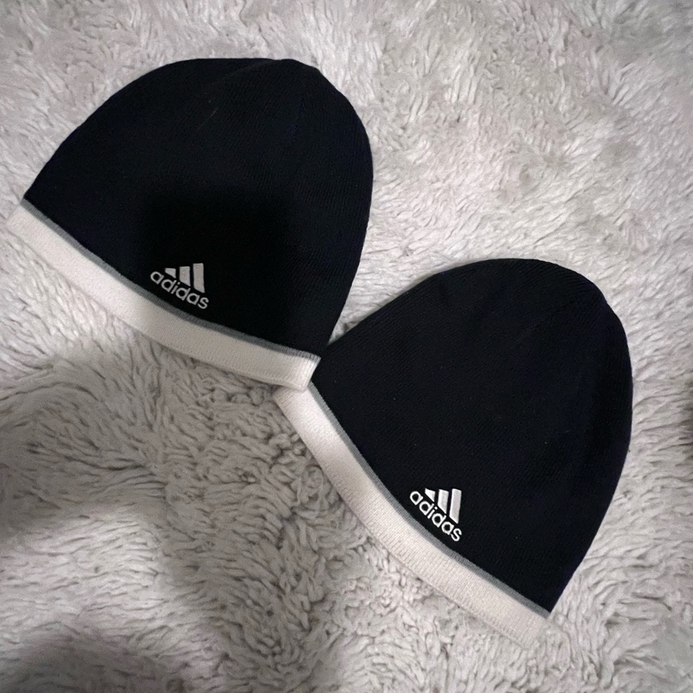 Two Adidas kids knit caps for twins or siblings. Reversible